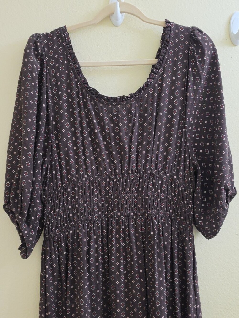Tecovas 3/4 Sleeve Western Smocked Chocolate Brown Dobby Midi Dress, Large - Picture 3 of 7